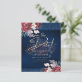 Papier Mariage de dentelle florale bleu Bourgogne moderne (Debout devant)