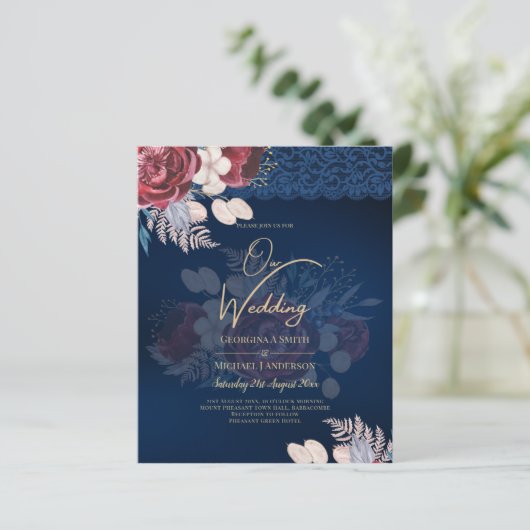Papier Mariage de dentelle florale bleu Bourgogne moderne (Debout devant)