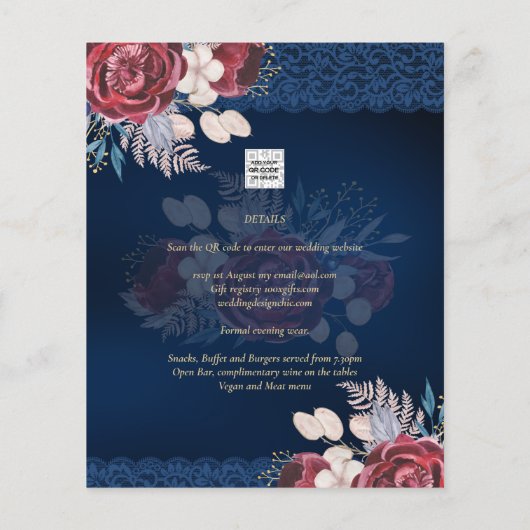 Papier Mariage de dentelle florale bleu Bourgogne moderne (Dos)