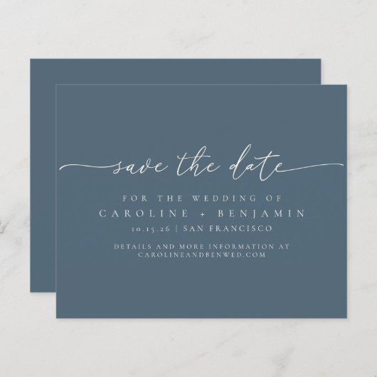Papier Mariage de script bleu foncé minimal du budget Dat (Devant / Derrière)