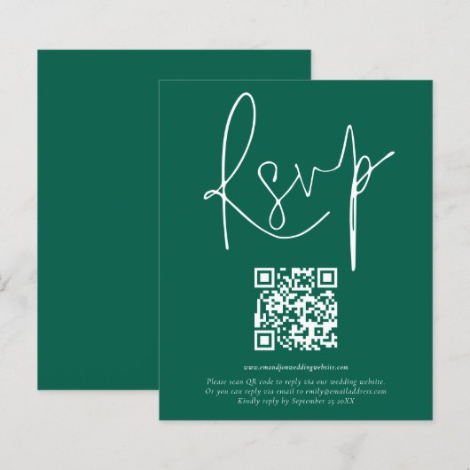 Papier Mariage de script de code QR Budget Emerald RSVP (Devant / Derrière)