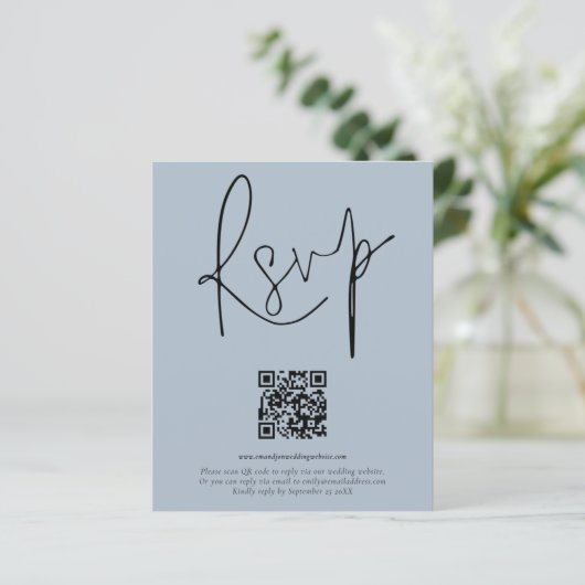 Papier Mariage de script de code QR budgétaire Dusty Blue (Debout devant)