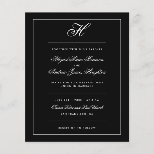 Papier Mariage de script de monogramme noir blanc élégant (Devant)