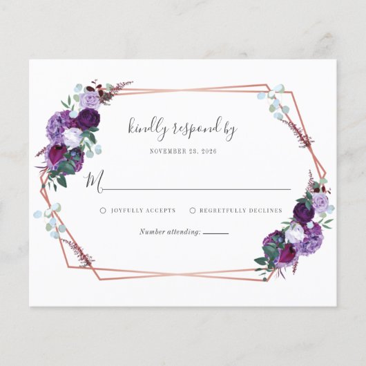 Papier Mariage de script moderne géométrique fleuri viole (Devant)