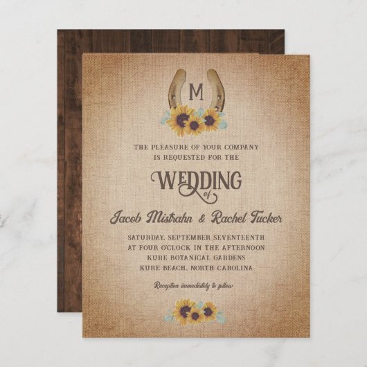 Papier Mariage de tournesols rustiques de l'Ouest Monogra (Devant / Derrière)