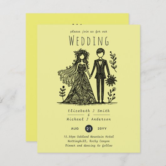 Papier Mariage dessiné à la main mariée mariée Groom Jaun (Devant / Derrière)