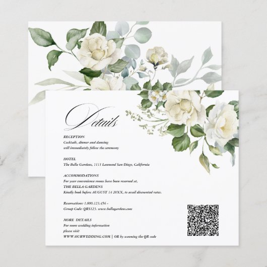Papier Mariage détails code QR Floral Crème Eucalyptus (Devant / Derrière)