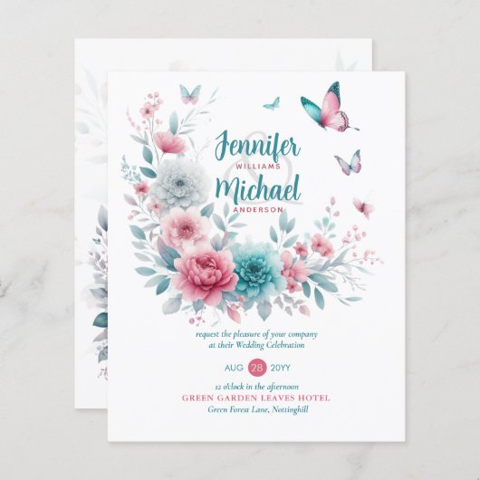 Papier Mariage d'été rose Aqua Silver Floral Boho printem (Devant / Derrière)