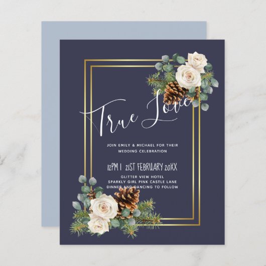 Papier Mariage d'hiver Roses blanches Or Dusty Bleu (Devant / Derrière)