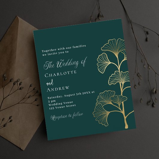 Papier Mariage émeraude vert ginkgo invitation budgétaire