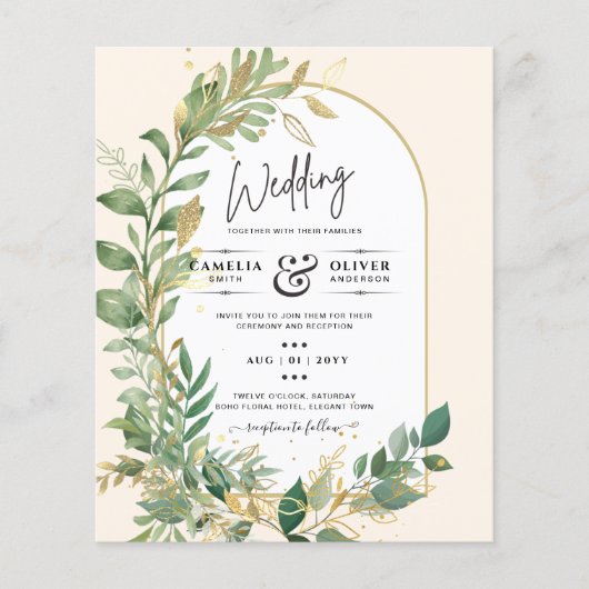 Papier Mariage en or Leaf de plantes modernes Invitation (Devant)