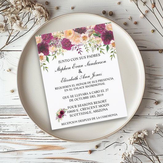 Papier Mariage espagnol Bourgogne Rosa Blush Floral Budge