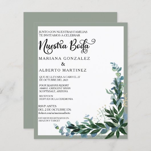 Papier Mariage espagnol Nuestra Boda RSVP Eucalyptus (Devant / Derrière)