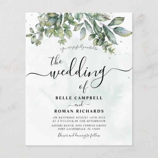 Papier Mariage Eucalyptus vert d'aquarelle budgétaire (Devant)