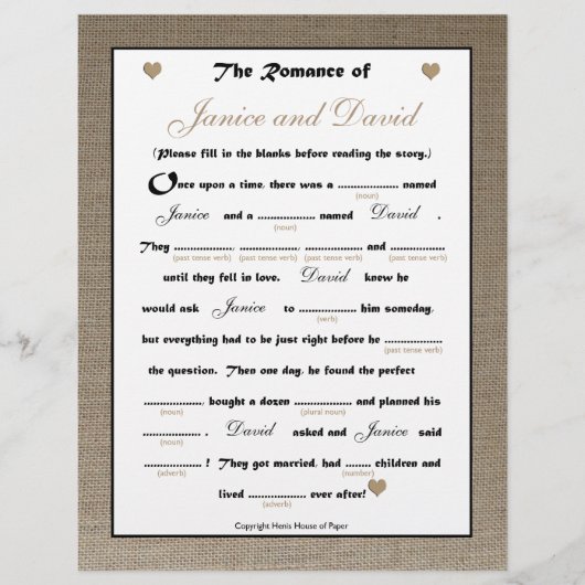 Papier Mariage Fête des mariées Libs Jeu - Burlap (Devant)