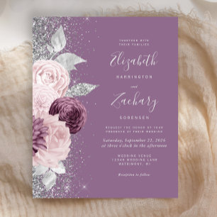 Papier Mariage Fleurs Mauve Blush Paillettes Argentées