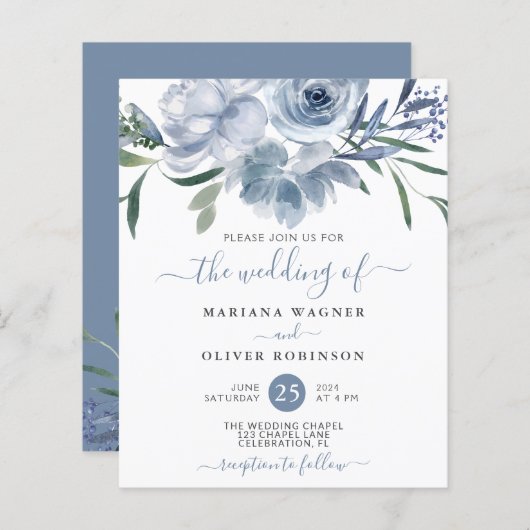 Papier Mariage Floral Aquarelle Bleu Poussiéreux Budget (Devant / Derrière)