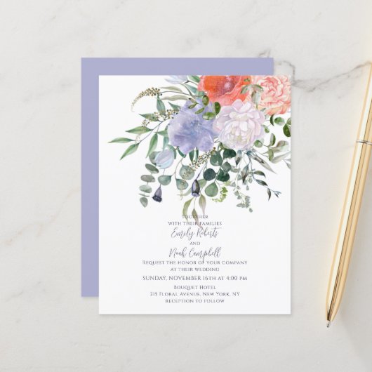 Papier Mariage Floral Aquarelle Rose Poudré et Bleu à Pet (Devant/Arrière en situation)