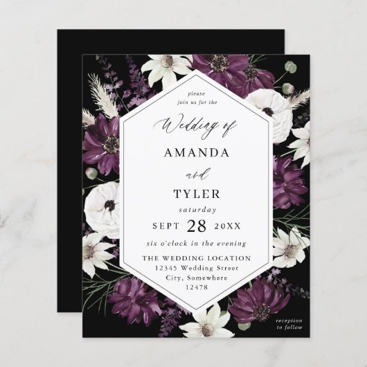 Papier Mariage floral blanc et violet budgétaire - noir (Devant / Derrière)