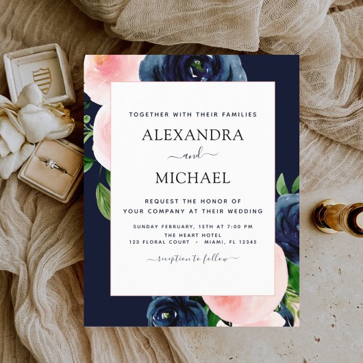 Papier Mariage floral bleu bleu bleu marine rose