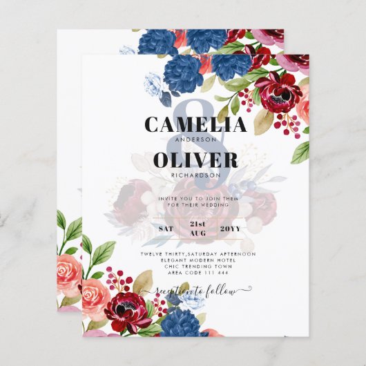 Papier Mariage Floral bleu Bourgogne rustique (Devant / Derrière)