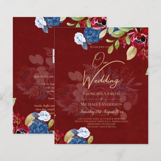 Papier Mariage Floral bleu Bourgogne rustique (Devant / Derrière)