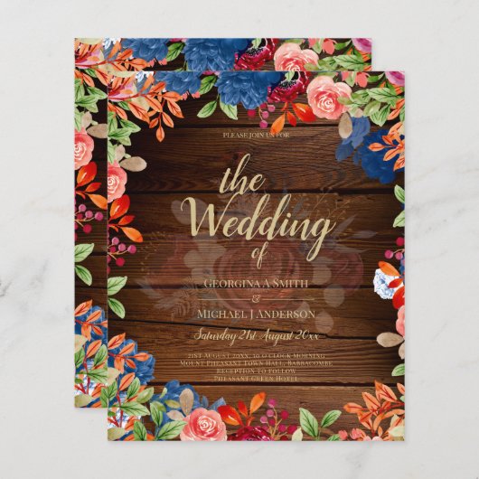 Papier Mariage Floral bleu Bourgogne rustique (Devant / Derrière)