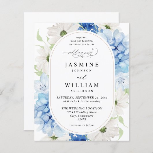 Papier Mariage floral bleu et blanc à budget (Devant / Derrière)