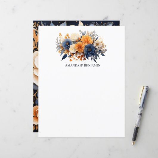 Papier Mariage floral bleu marine, orange brûlé et champa (Devant/Arrière en situation)