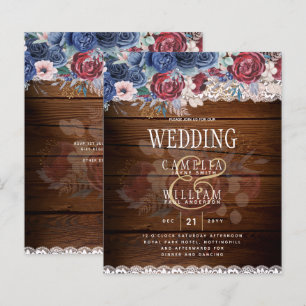 Papier Mariage Floral Brodé Rustique Bleu Bourgogne Intem