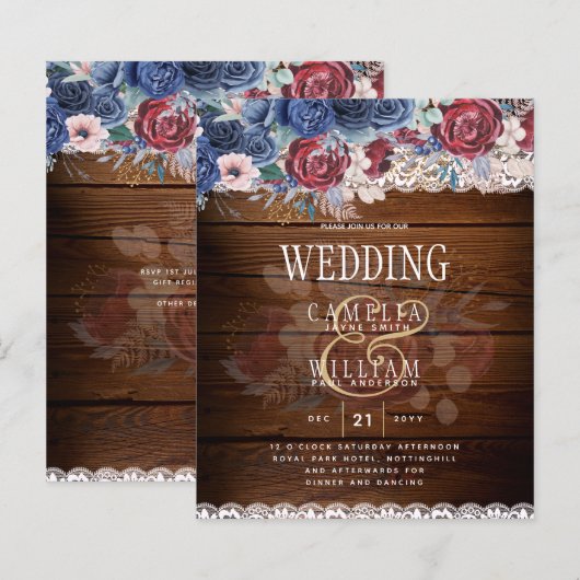 Papier Mariage Floral Brodé Rustique Bleu Bourgogne Intem (Devant / Derrière)