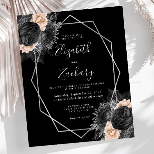 Papier Mariage Floral Noir Pêche Cadre Argent Budget