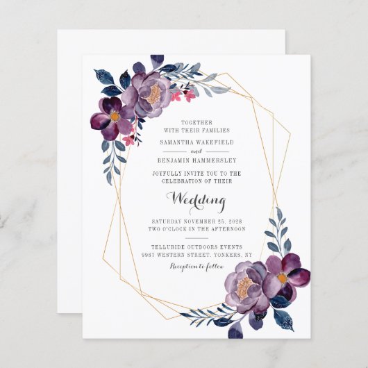 Papier Mariage géométrique violet de script floral budget (Devant / Derrière)