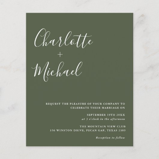Papier Mariage Minimaliste Vert Olive à Petit Budget (Devant)