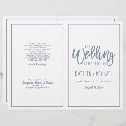 Papier Mariage Moderne Brush Script - Dusty Blue Programm (Devant / Derrière)