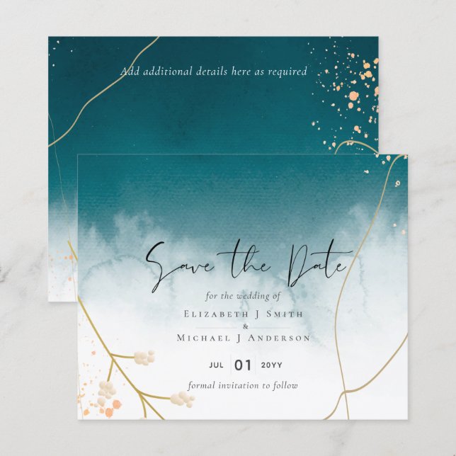 Papier Mariage moderne Misty Blue Gold (Devant / Derrière)