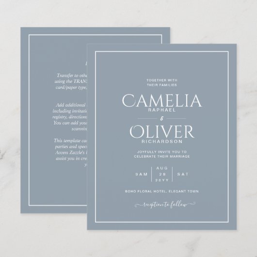 Papier Mariage monochrome blanc bleu Dusty (Devant / Derrière)