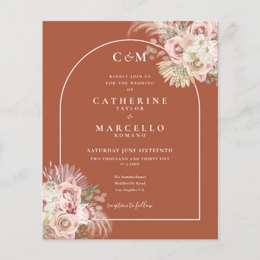 Papier Mariage Monogramme Herbe de Pampas Terracotta Écon (Devant)