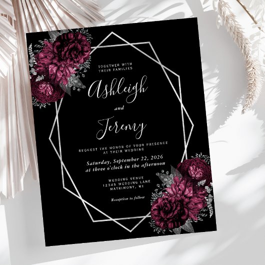 Papier Mariage noir floral bourgogne argent budget