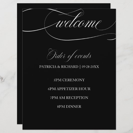 Papier Mariage Ordre Des Événements Chic Noir Et Blanc (Devant / Derrière)