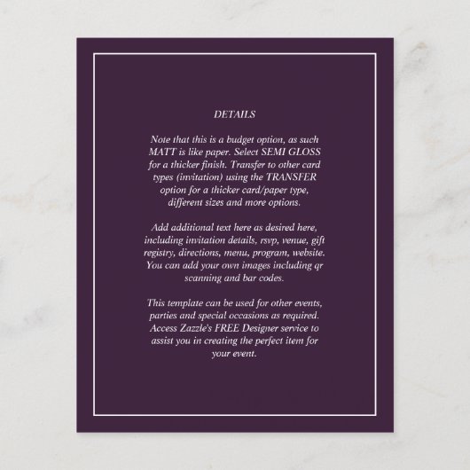 Papier MARIAGE PETIT BUDGET PLUM POURPRE Monochrome Simpl (Dos)