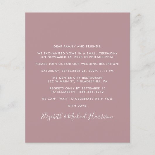 Papier Mariage Photo Dusty Rose Réception Invitation (Dos)