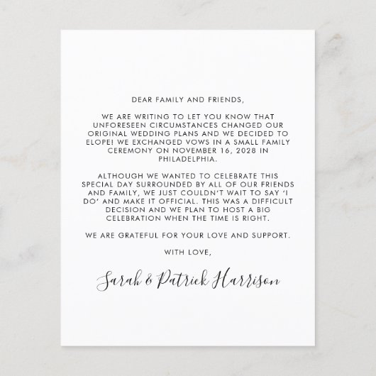 Papier Mariage photo Elopement budgétaire Faire-part (Dos)