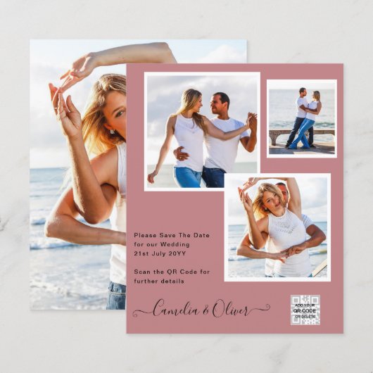 Papier Mariage PHOTO moderne Inviter QR CODE RSVP DustyRO (Devant / Derrière)