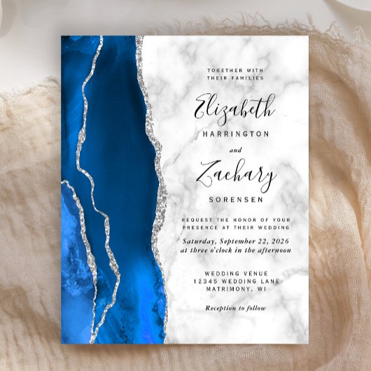 Papier Mariage Royal Bleu Marbre d'Agate Argent