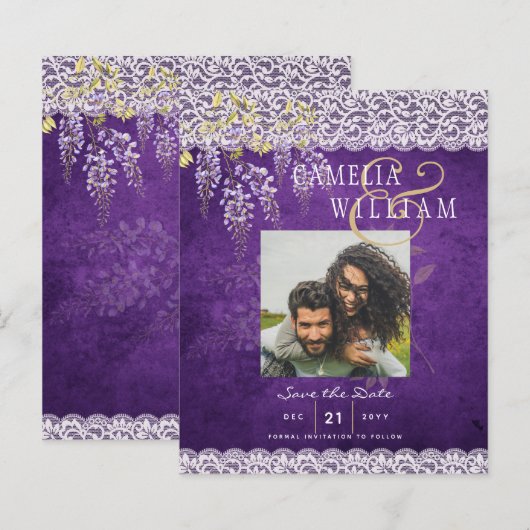 Papier Mariage rustique chic en dentelle violette WISTERI (Devant / Derrière)