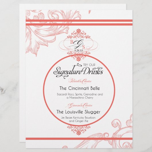 Papier Mariage Signature Boisson | Corail (Devant / Derrière)