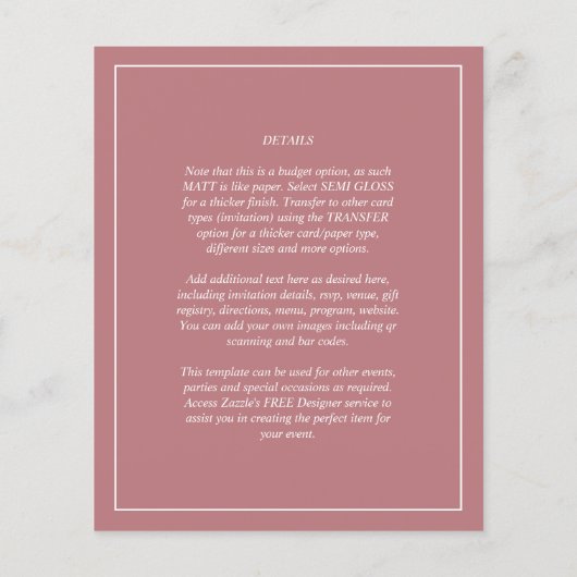 Papier Mariage tout en 1 rose Dusty Rose avec RSVP (Dos)