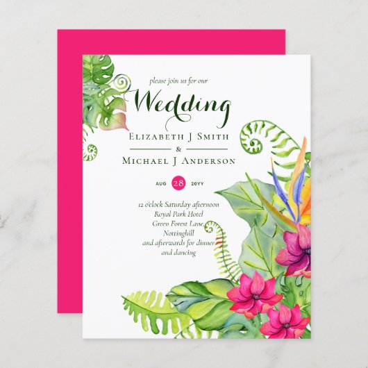 Papier Mariage Tropical Palm Invite Fuchsia Ginger (Devant / Derrière)