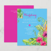 Papier Mariage Tropical Palm Invite Fuchsia Ginger Blue (Devant / Derrière)